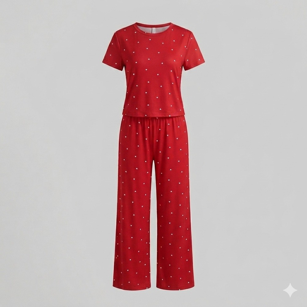 Pointelle Short Sleeve Shirt & Pants Pajama Set- Auden Modal Soft XXL Red Heart